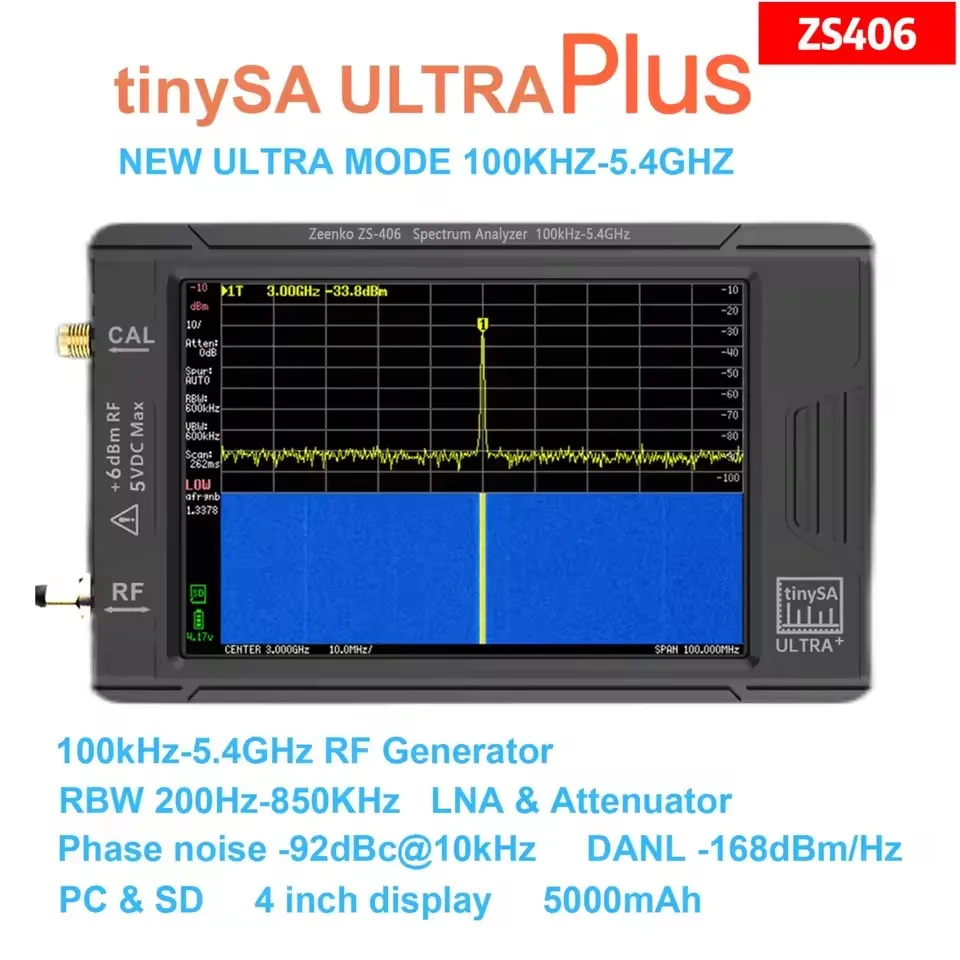 Analizador de espectro portátil tinySA ULTRA PLUS, batería de pantalla de 4 «, 5000mAh, 900MHz-5,4 GHz