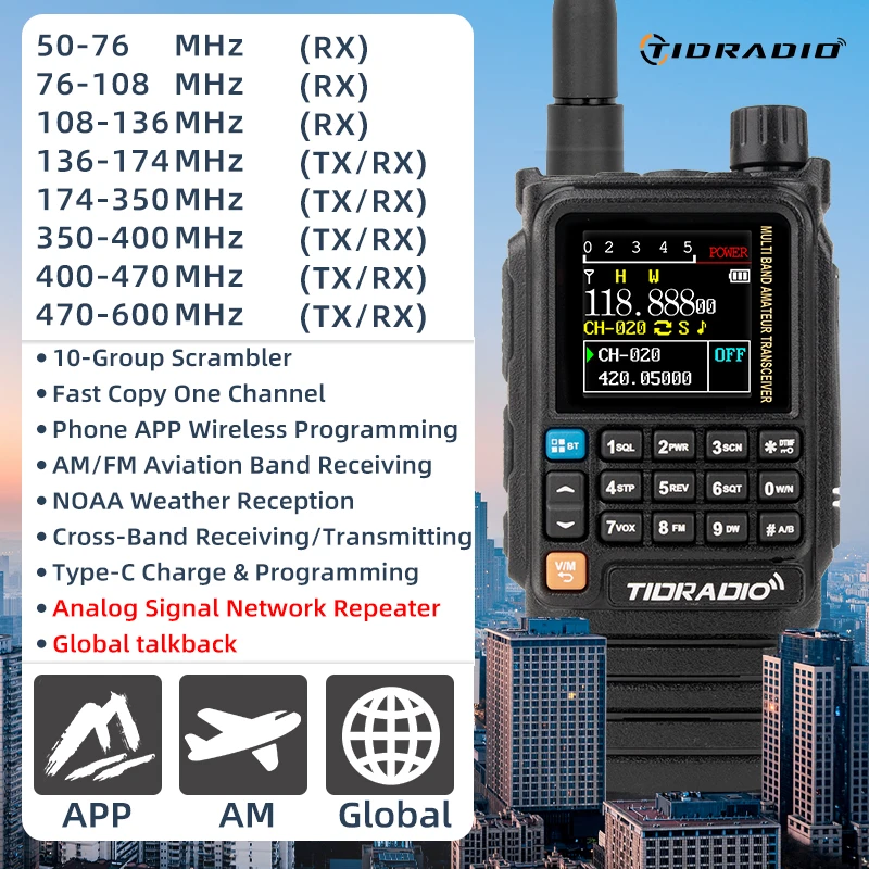 TIDRADIO H3 Plus, funciones Bluetooth, banda aérea, programación inalámbrica