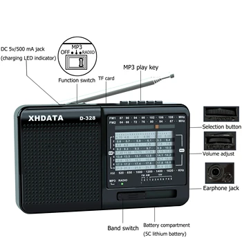 XHDATA D-328-Radio – Receptor portátil con FM/AM/SW y Bluetooth
